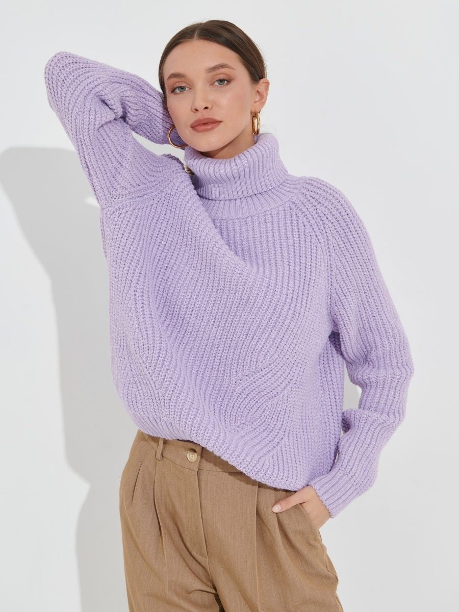New arrivals rolled collar knitwear lantern sleeve knitted pure color tops oversize pullover casual sweaters women