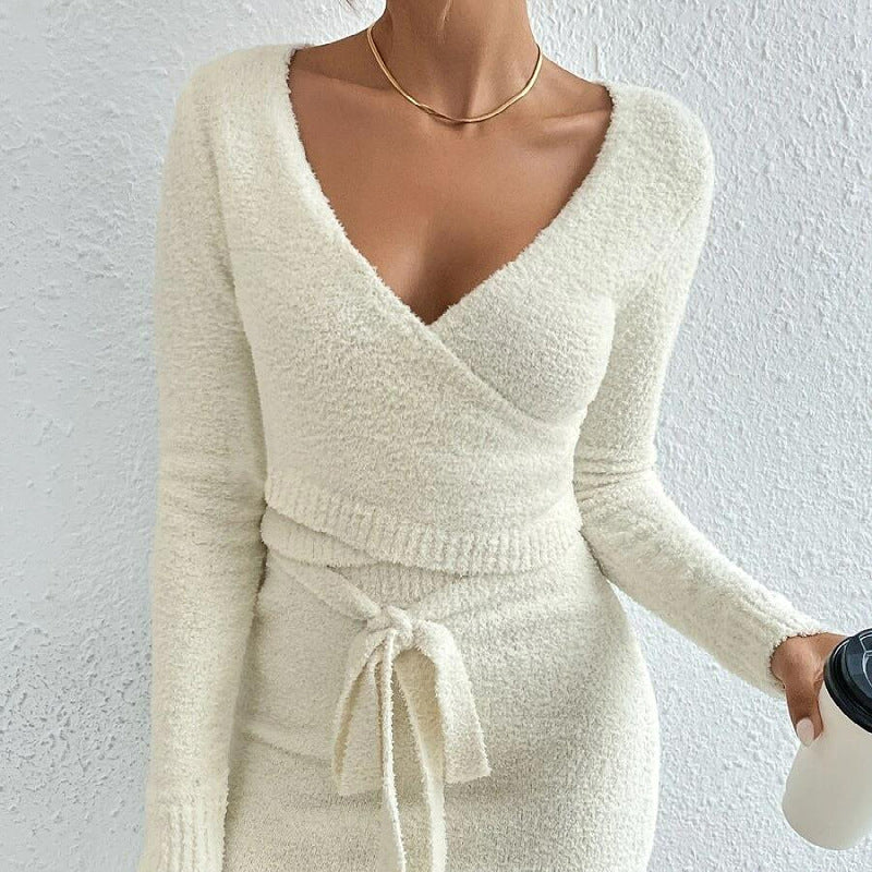 Trending Fashion V neck lace up crop top high waist skirts solid color women knitted sexy 2 piece set