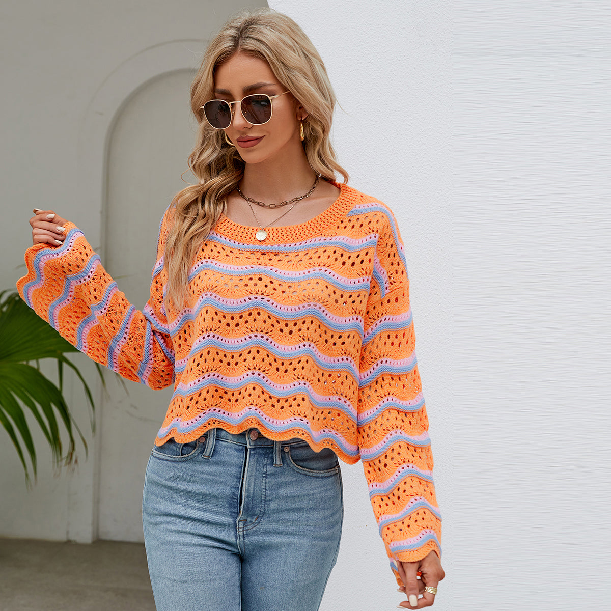 round neck striped sweaters women pullover oversize hollow out wave edge beach wear jumper mujer