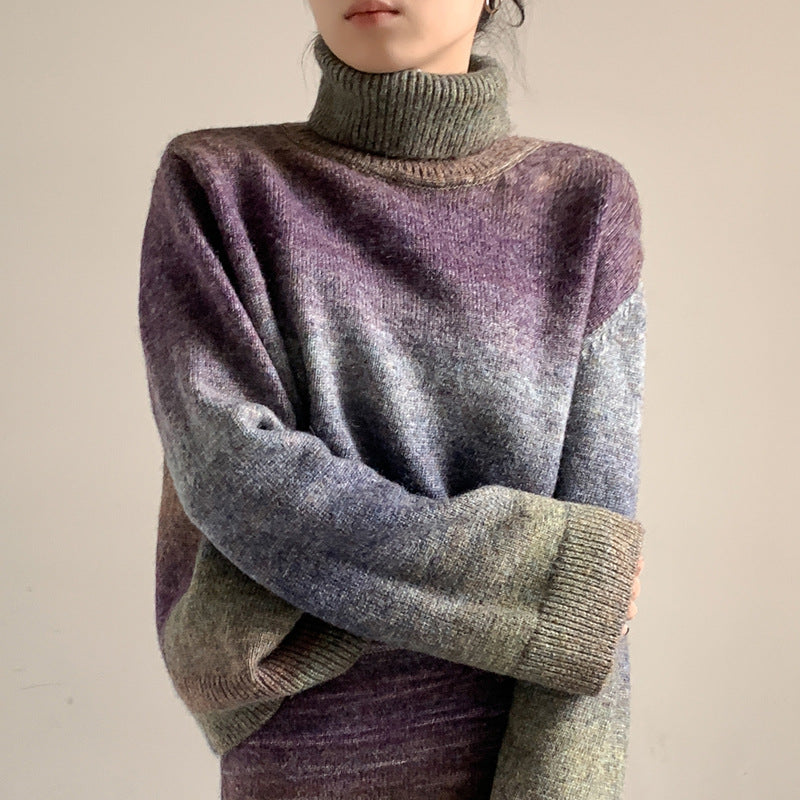 New design stylish wool knitted knitwear high neck loose lazy gradient purple elegant women sweaters