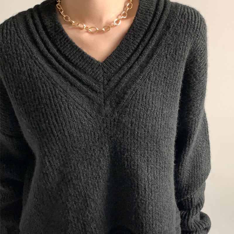 Retro Winter Plain Carmine Fashionable Knitwear Oversize v neck Thicken sweater mujer 20262