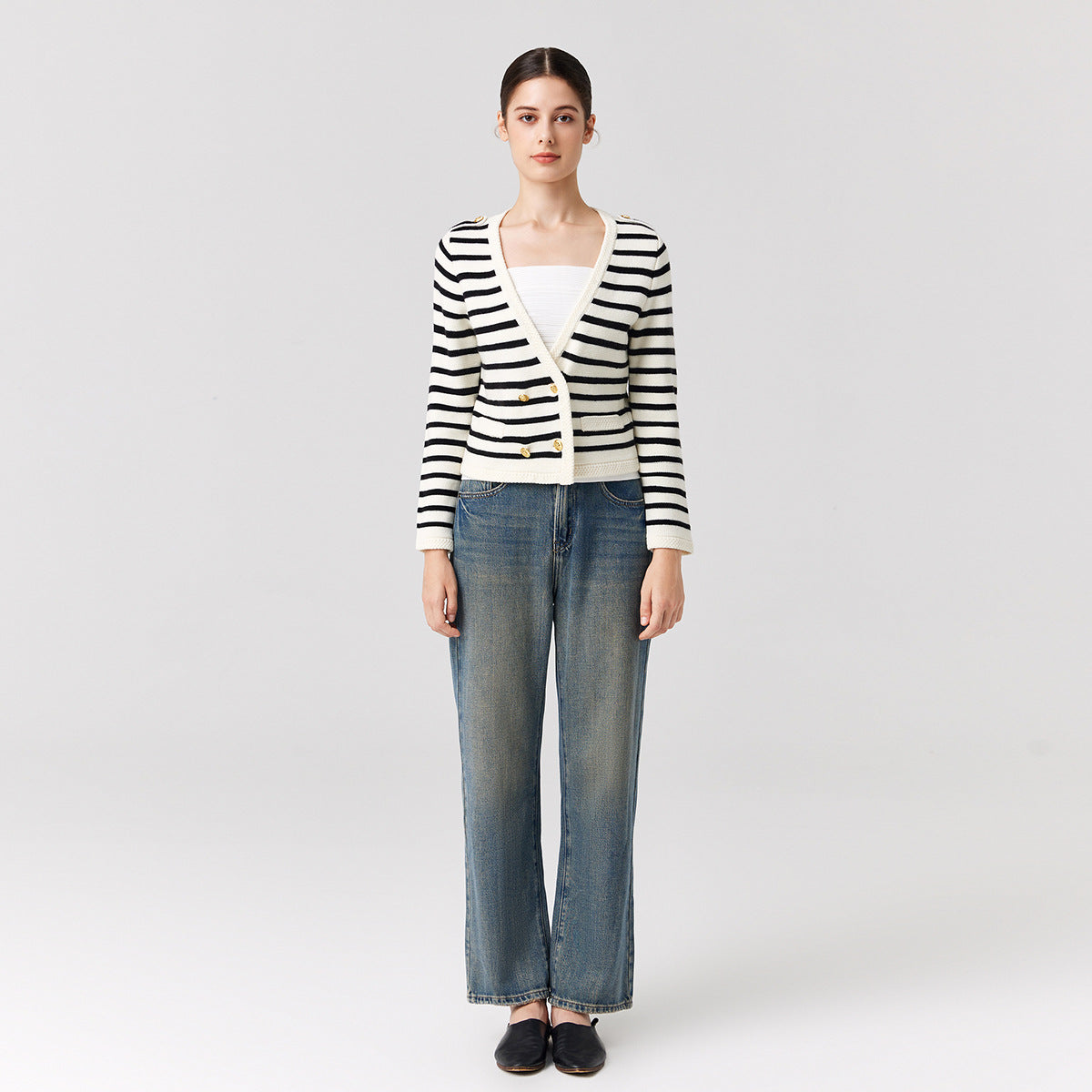 Knitwear Black white striped Merino wool elegant sweater coat Double Breasted gold cardigans women