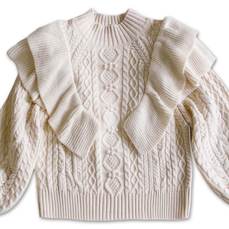 pure color puff sleeve women knitwear elegant pullover double layer cable knit top knitted sweater