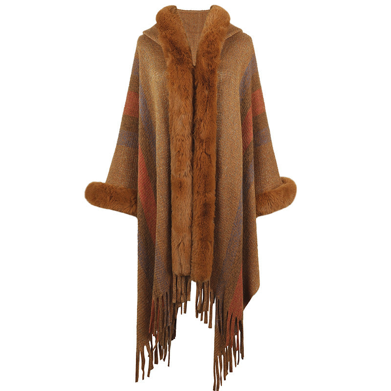 Hooded shawl women cappa autumn winter fur collar sweaters coats striped knitted fringe cape