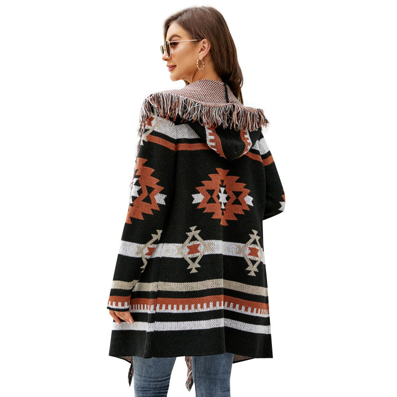 fashion women sweaters hooded knitted tassel cardigan jacquard sweater