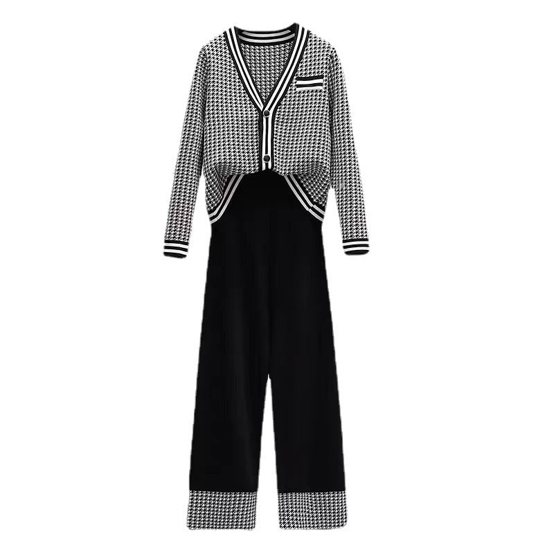 New arrivals women elegant single-breasted cardigans knit high waist pants set color blocking 2 piece matching outfits