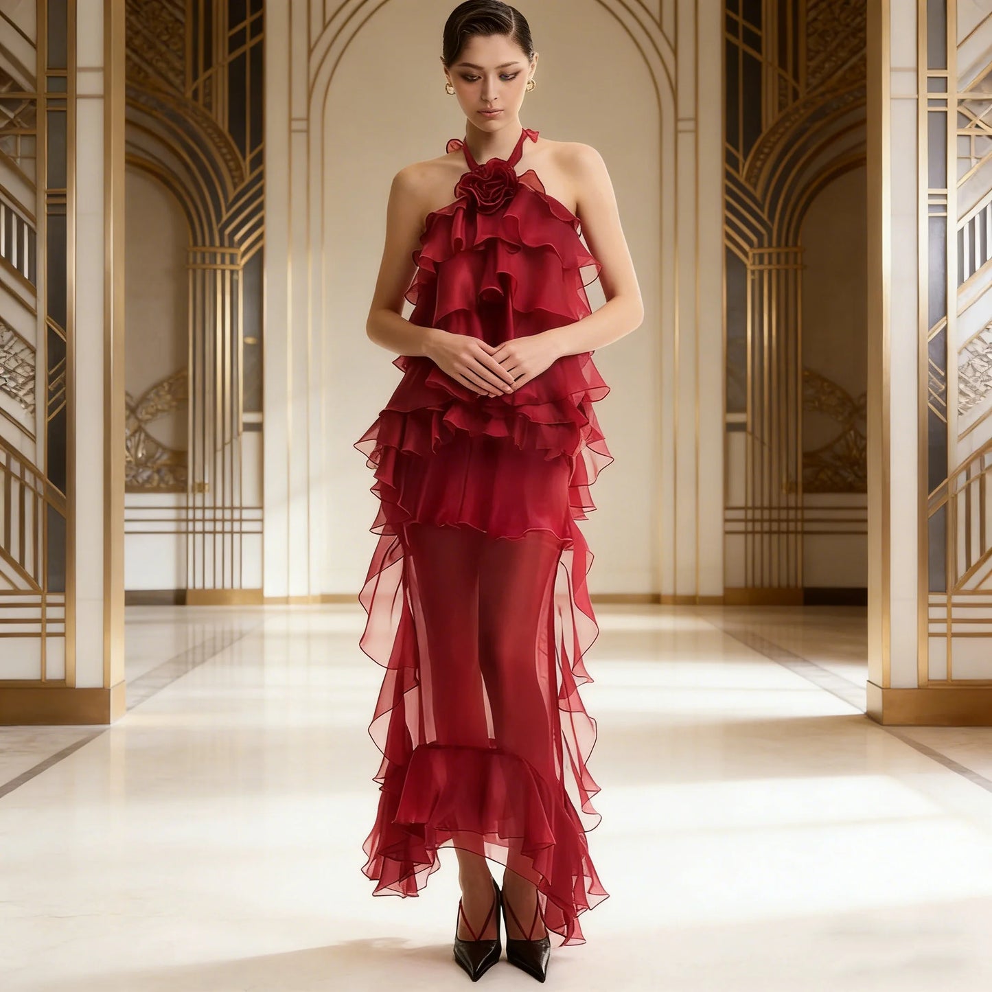 High Quality New 2026 Spring Modern A-Line Women’s Chiffon Maxi Dress Allover Cascading Ruffle Flower Patterns Quick Dry RED