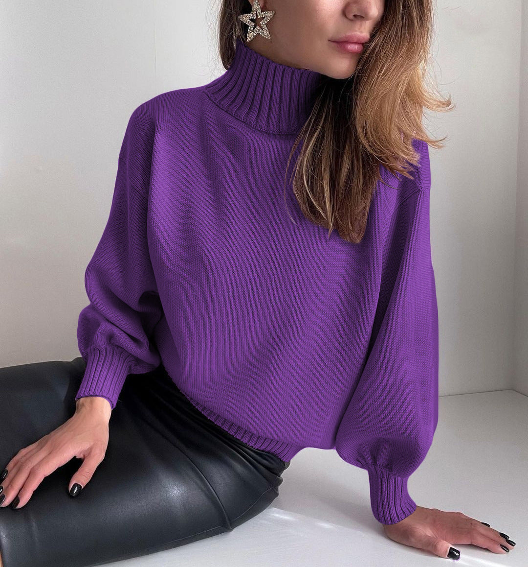 Hot selling women winter solid color puffy sleeve turtleneck fashion short knitwear casual sweater