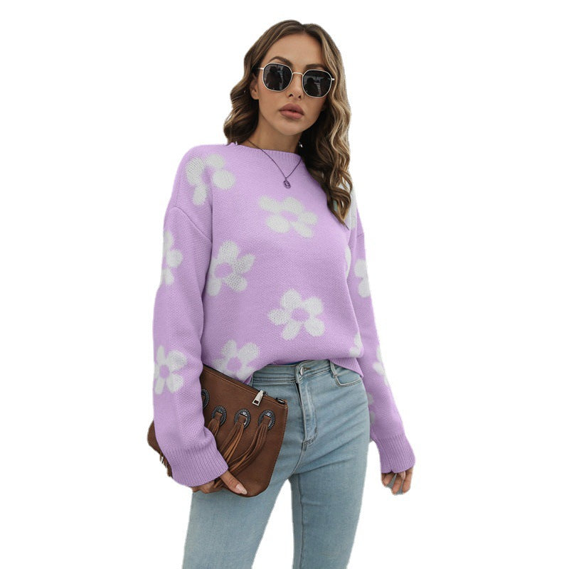 elegant knitwear pullover autumn winter round neck oversize floral knit sweaters for women