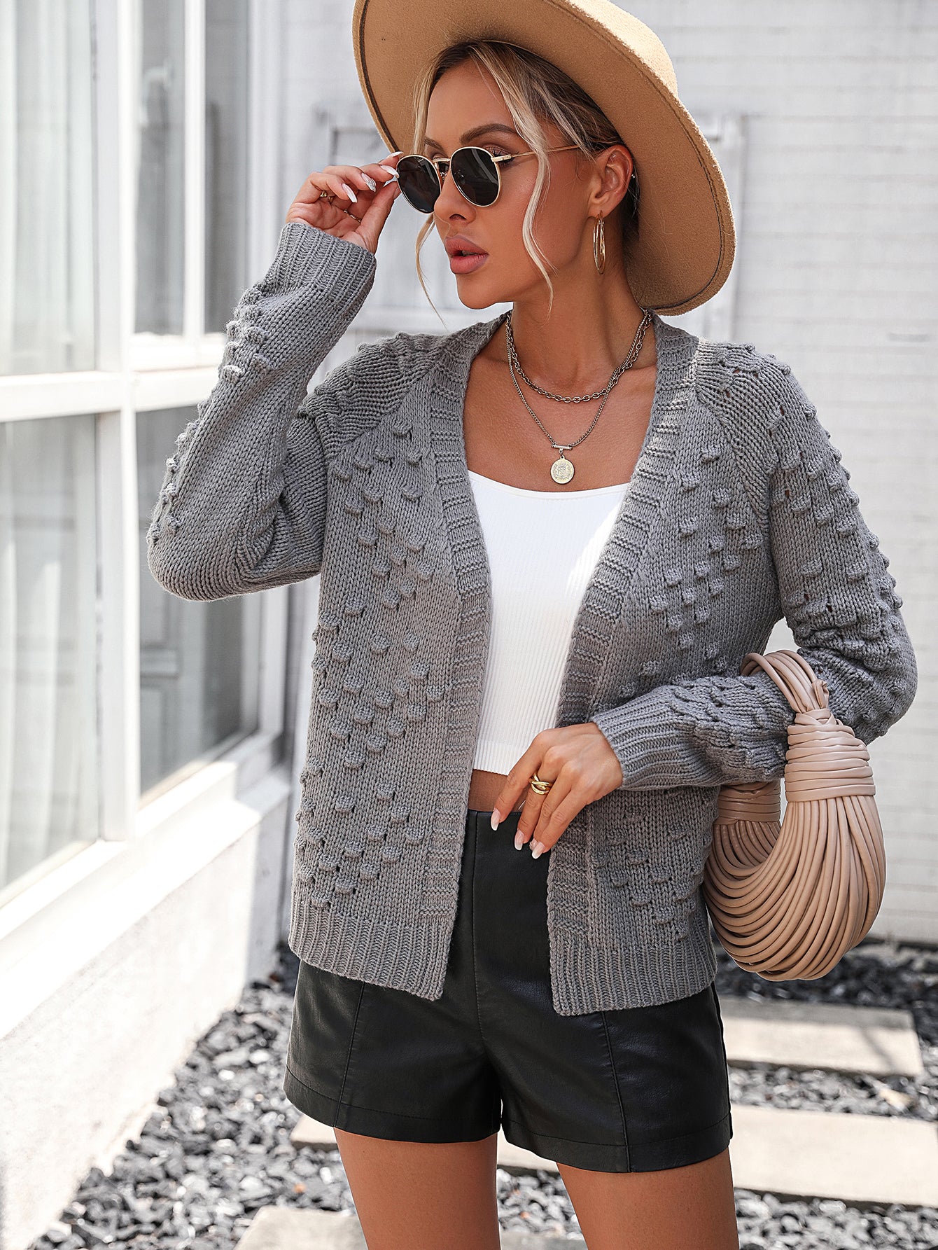 2026 Winter Fall Knit Tops Fashion Solid Color Elegant Dot Cardigan Sweater for women