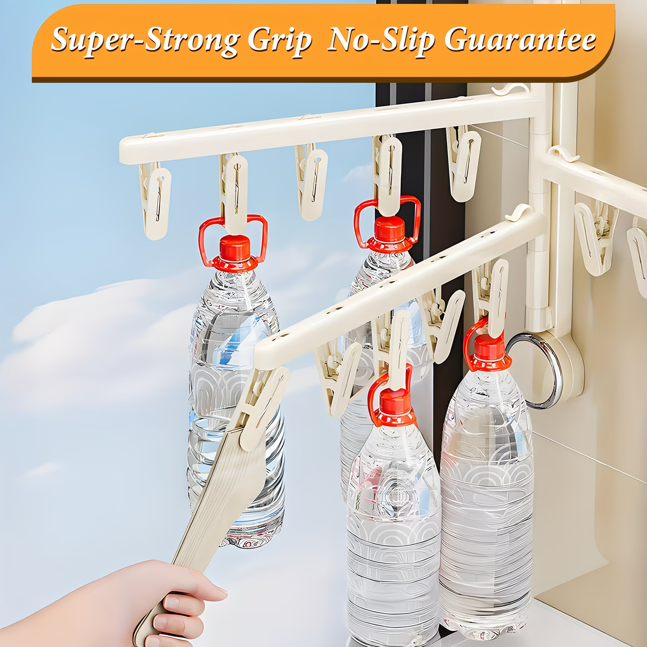 Foldable wall-mounted clothes rack with strong suction cups, saving space.