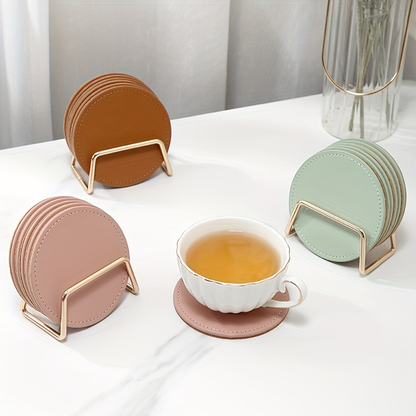 6 faux leather coasters with metal stands and cork bases