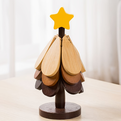 5-piece set of natural black walnut wood Christmas tree insulated coasters