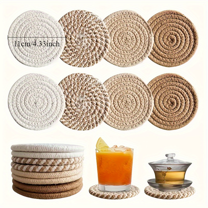 6-piece elegant woven polyester coaster set with black metal stand