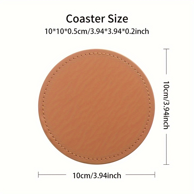 6 faux leather coasters with metal stands and cork bases