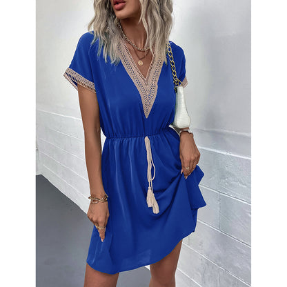 Women’s Clothing Summer 2026 Casual Fashion Lace Patchwork V-Neck Tie-Up Short Dress