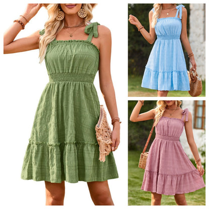 New Arrival 2026 Summer Women’s Elegant Solid Color Spaghetti Strap Waist-Cinching Ruffled A-Line Dress