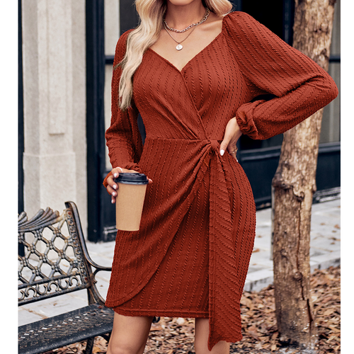 Autumn Fashion Women’s Solid Color Long Sleeve V-Neck Slim Fit Tie-Waist Knee-Length Dress