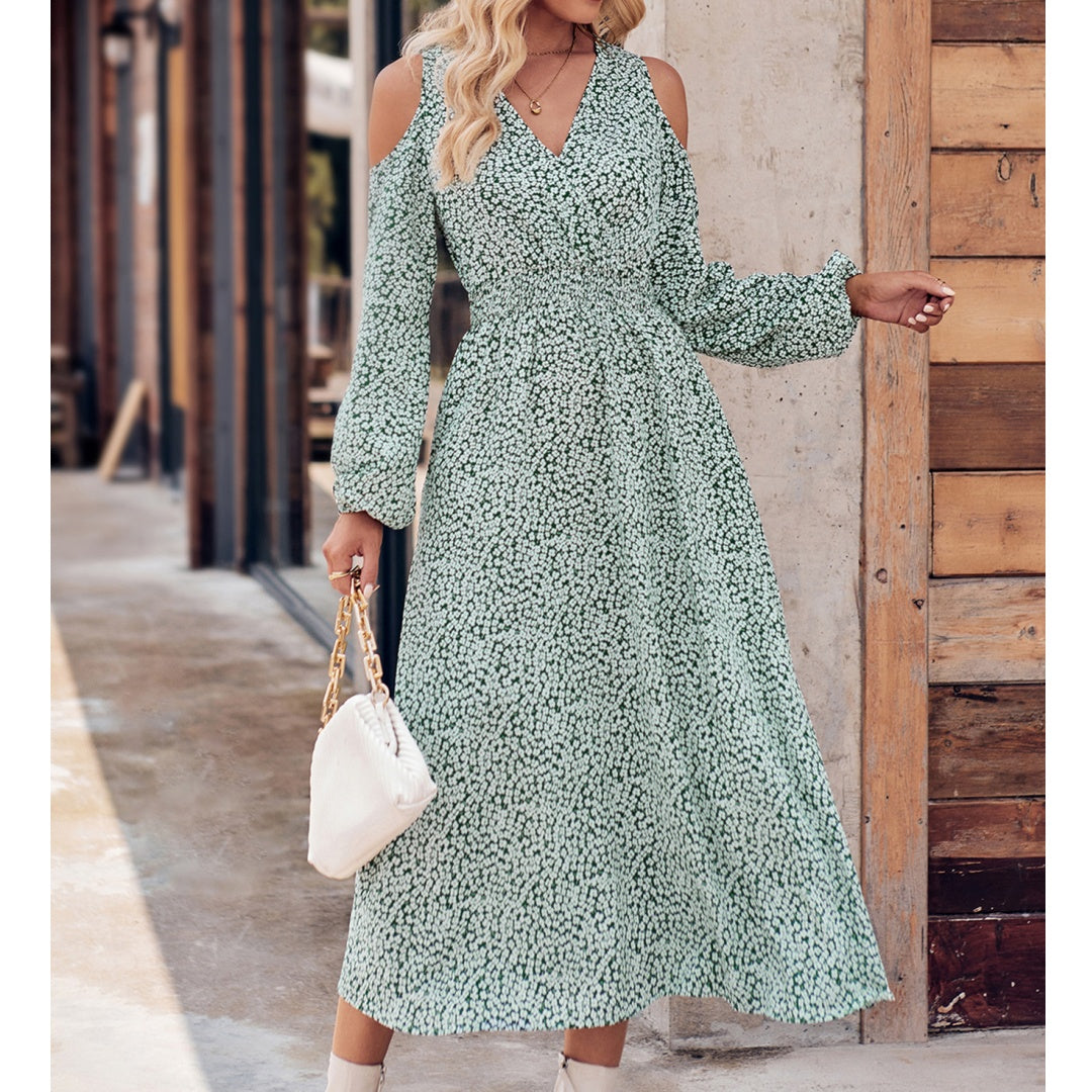 2026 New Arrivals Autumn Women’s Fashion Casual Off-Shoulder Floral V-Neck Long Sleeve Maxi Dress