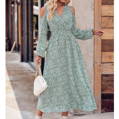 2026 New Arrivals Autumn Women’s Fashion Casual Off-Shoulder Floral V-Neck Long Sleeve Maxi Dress