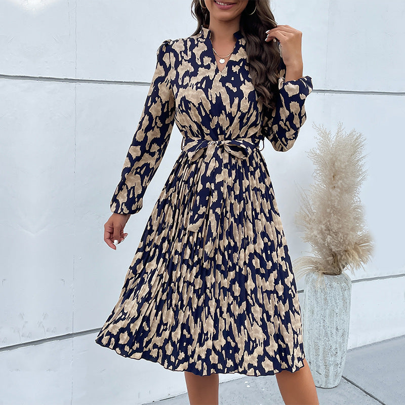 Elegant Woman Dress Autumn New V-Neck Ruched Print Tie Waist Long Sleeve Midi Dress