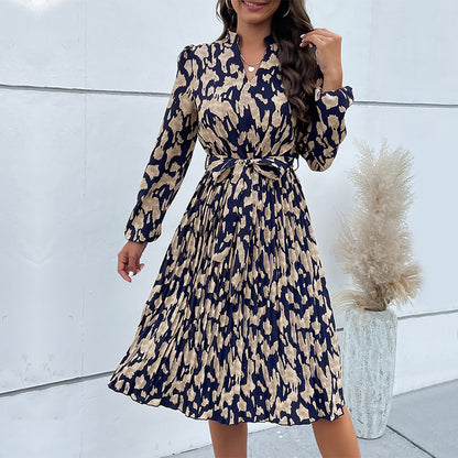 Elegant Woman Dress Autumn New V-Neck Ruched Print Tie Waist Long Sleeve Midi Dress