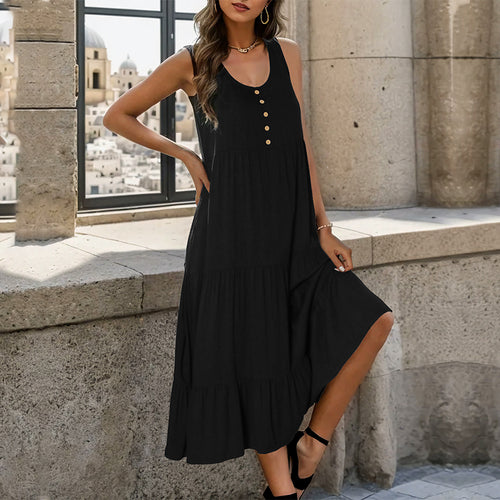 Summer New Women’s Clothing Simple Elegant Sleeveless U-Neck Loose Midi Dress
