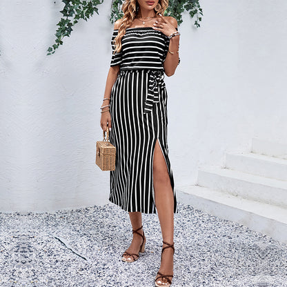 Zaba Clothing Women Summer Elegant Off-Shoulder Striped Tie Waist Midi Dress