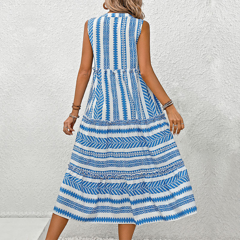 Summer New Women’s Clothing Bohemian Vacation Style Geometric Print V-Neck Sleeveless Dress