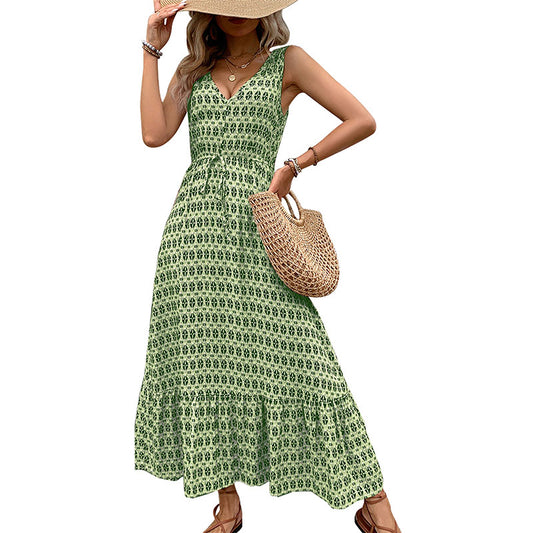 Zaba Clothing Women’s Elegant Diamond Print Sleeveless V-Neck Tie-Waist Maxi Dress
