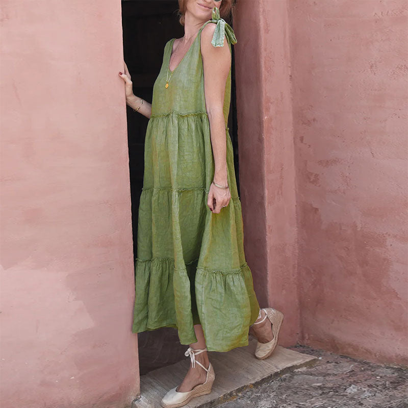 Summer Women’s Clothing Elegant Sleeveless Solid Color Cotton Linen Dress with Ruffle Hem