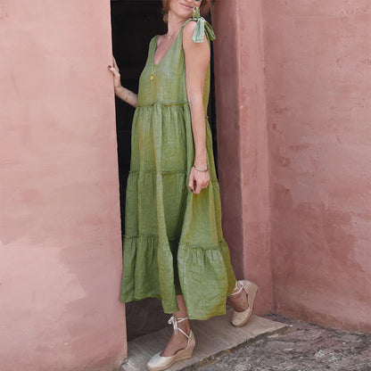 Summer Women’s Clothing Elegant Sleeveless Solid Color Cotton Linen Dress with Ruffle Hem