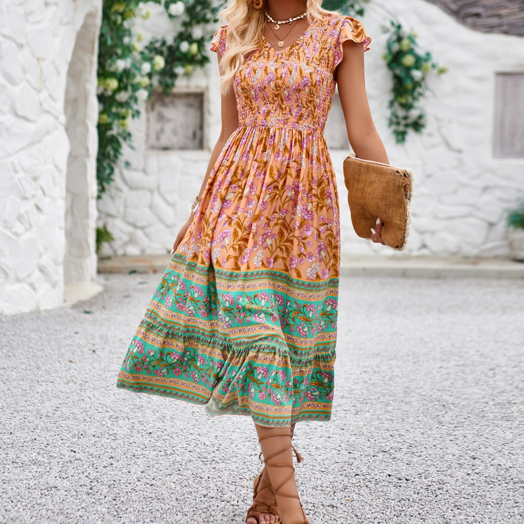 Summer Women’s Clothing Elegant Floral Print V-Neck Flutter Sleeve Bohemian Midi Dress