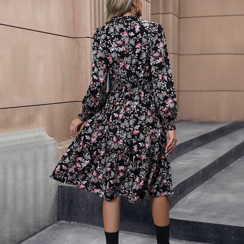 Women’s Clothing High Quality Long Sleeve V-Neck Floral Print Waist-Tied Knee-Length A-Line Dress