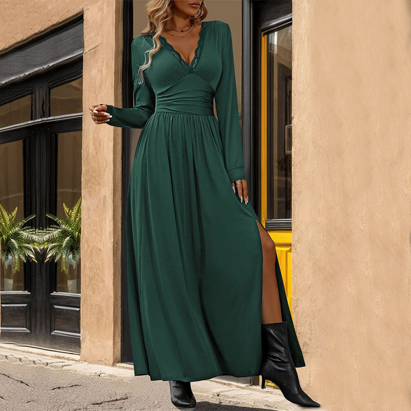 Autumn New Arrivals Women’s Clothing Elegant Lace Spliced V-Neck Solid Color Slit Slim Fit Maxi Dress