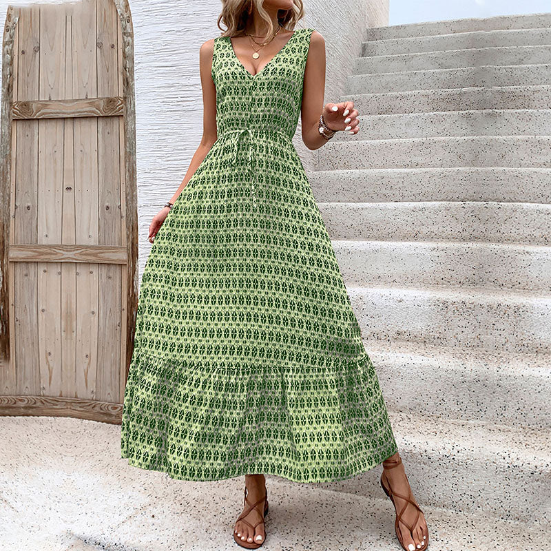 Zaba Clothing Women’s Elegant Diamond Print Sleeveless V-Neck Tie-Waist Maxi Dress
