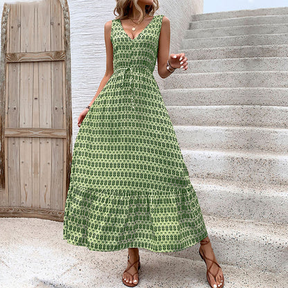 Zaba Clothing Women’s Elegant Diamond Print Sleeveless V-Neck Tie-Waist Maxi Dress