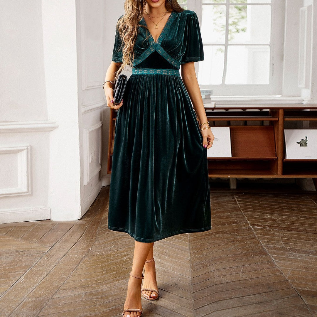 Women’s Clothing Summer 2026 Elegant Solid Color Velvet Embroidered Spliced V-Neck Short Sleeve Midi Dress