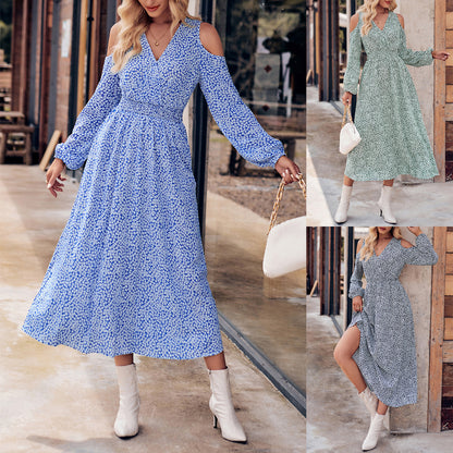 2026 New Arrivals Autumn Women’s Fashion Casual Off-Shoulder Floral V-Neck Long Sleeve Maxi Dress