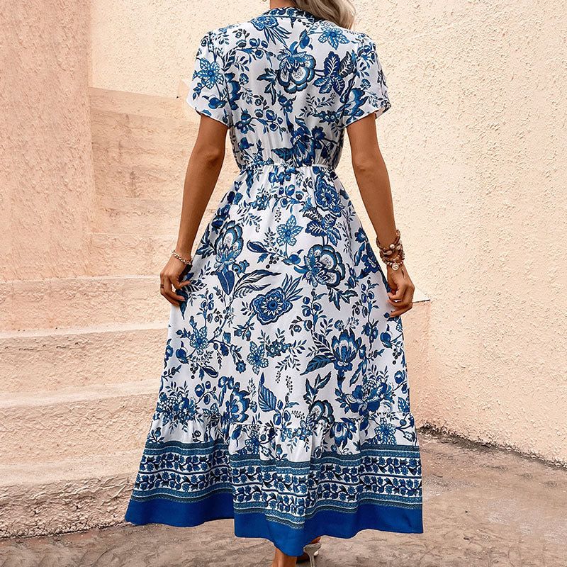 Summer New Women’s Clothing Elegant V-Neck Blue Vintage Floral Print Waist-Tied Midi Dress