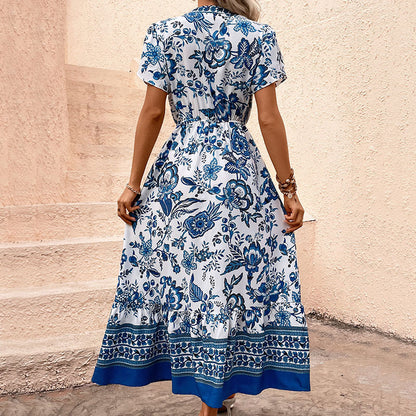 Summer New Women’s Clothing Elegant V-Neck Blue Vintage Floral Print Waist-Tied Midi Dress