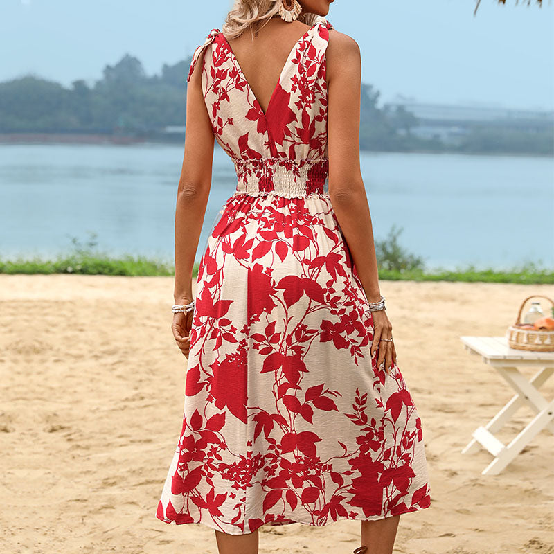 Women’s Clothing Elegant Plant Print V-Neck Sleeveless Bohemian Style Vacation Dress