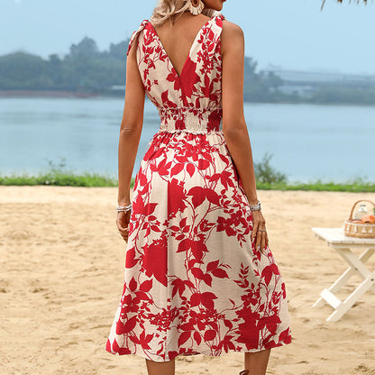 Women’s Clothing Elegant Plant Print V-Neck Sleeveless Bohemian Style Vacation Dress
