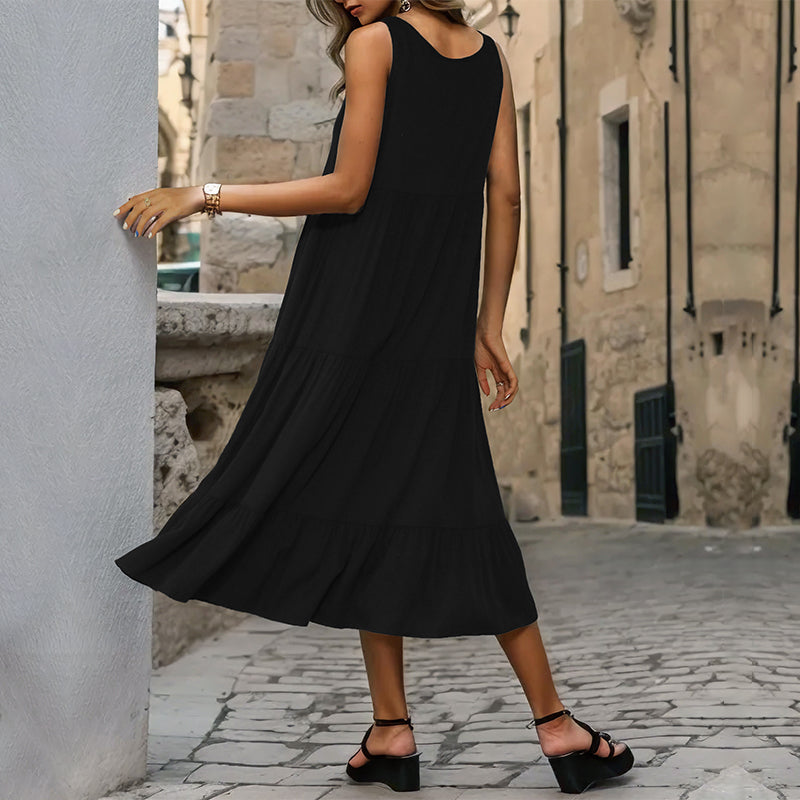 Summer New Women’s Clothing Simple Elegant Sleeveless U-Neck Loose Midi Dress