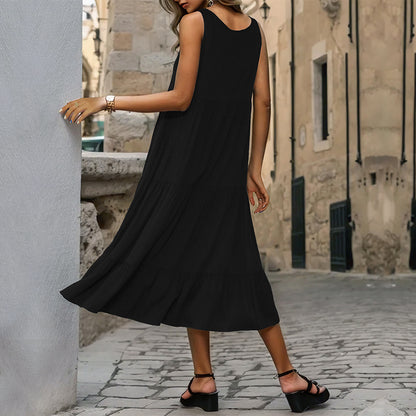 Summer New Women’s Clothing Simple Elegant Sleeveless U-Neck Loose Midi Dress