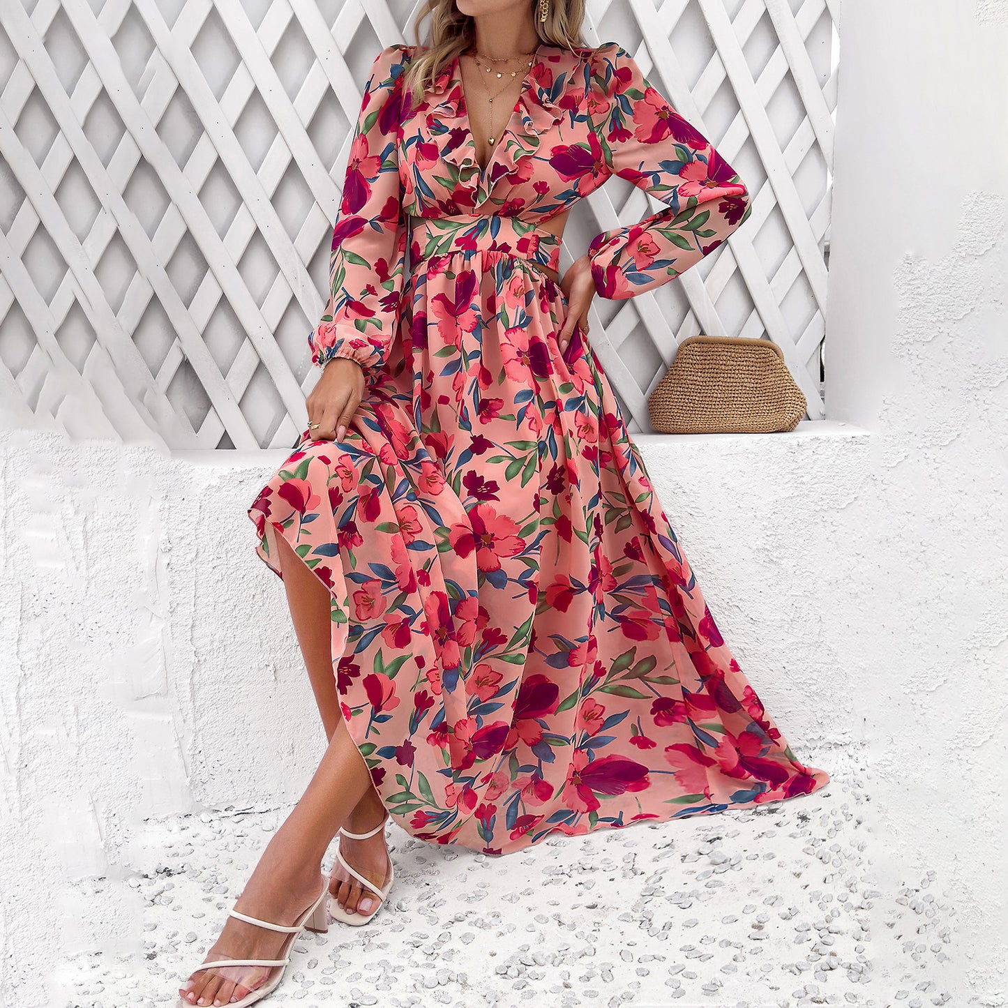 Autumn Fashion Women’s Chiffon Long Sleeve Tie V-Neck Waist-Tied Maxi Print Dress