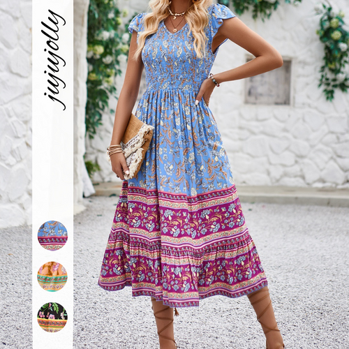 Summer Women’s Clothing Elegant Floral Print V-Neck Flutter Sleeve Bohemian Midi Dress