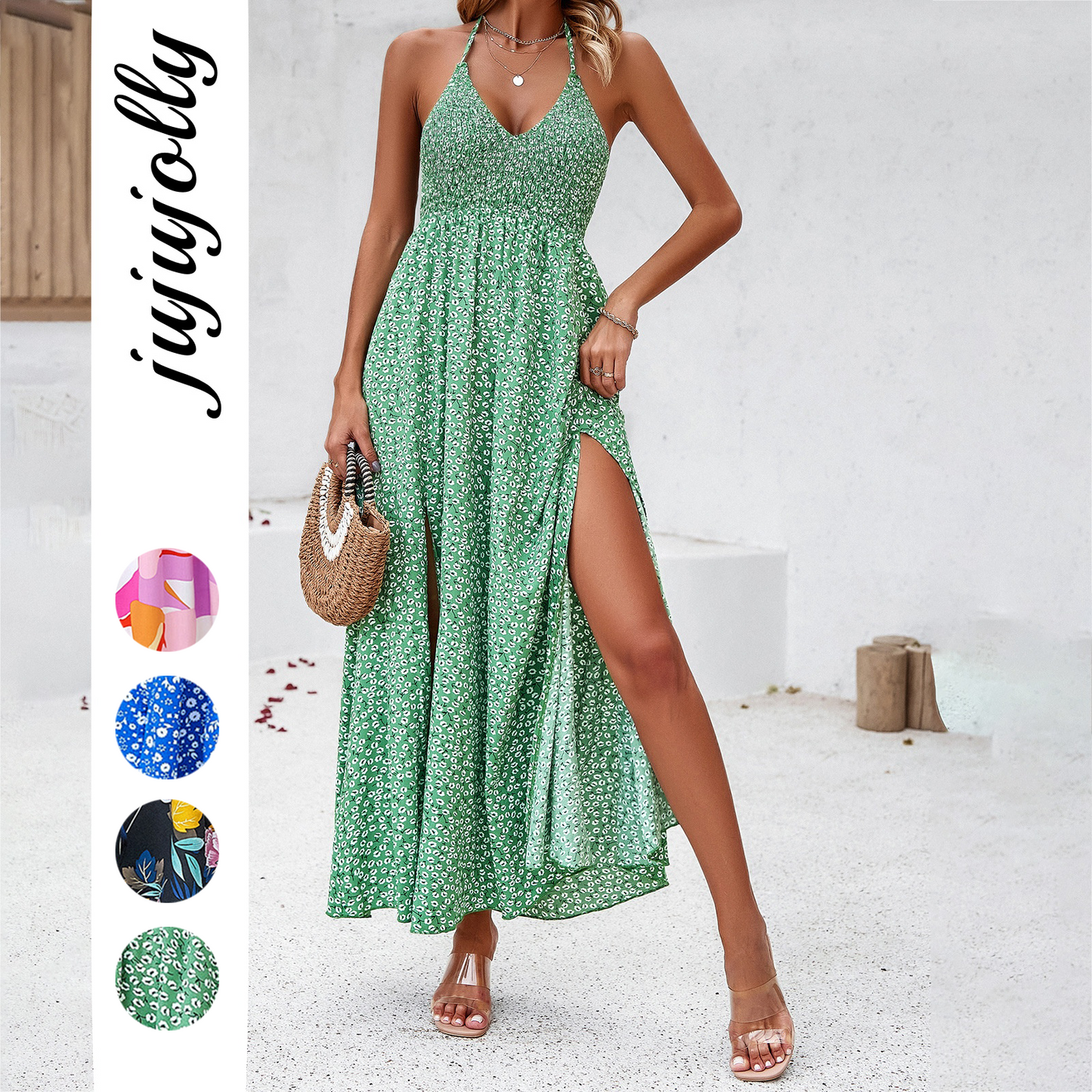 2026 New Arrivals Summer Sexy Beach Vacation Style Printed V-Neck Halter Dress