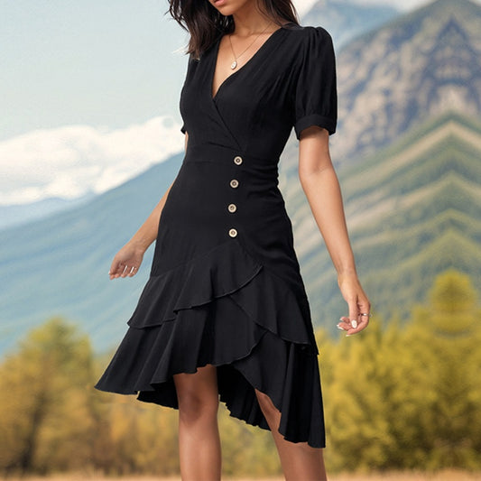 2026 New Arrivals Women’s Clothing Elegant Solid Color V-Neck Asymmetrical Slim Fit Dress