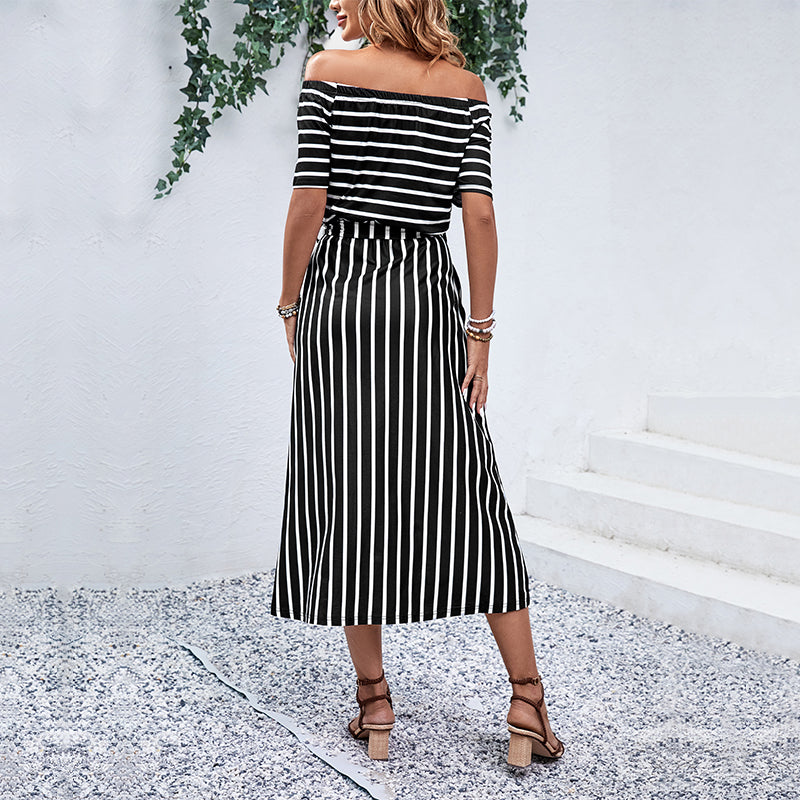 Zaba Clothing Women Summer Elegant Off-Shoulder Striped Tie Waist Midi Dress